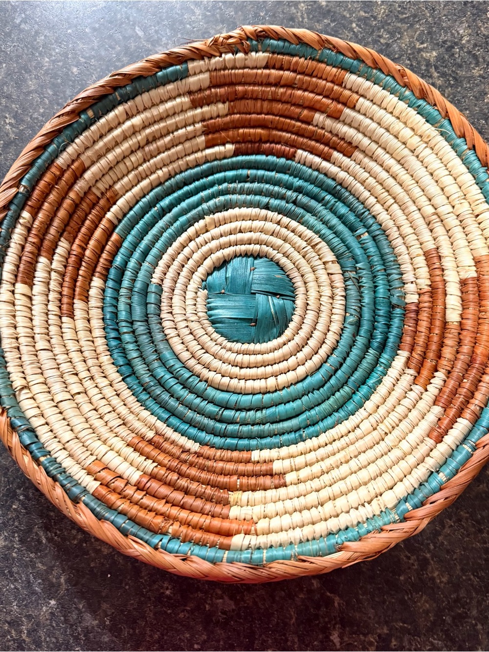 Handwoven Decorative Basket Plate - Teal, Natural & Brown